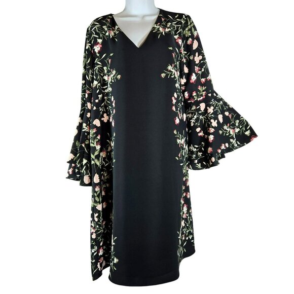 Alfani Floral Feminine Romantic Elegant Shift Dress Sz 8 Black Bell-Sleeve EUC - Picture 1 of 9